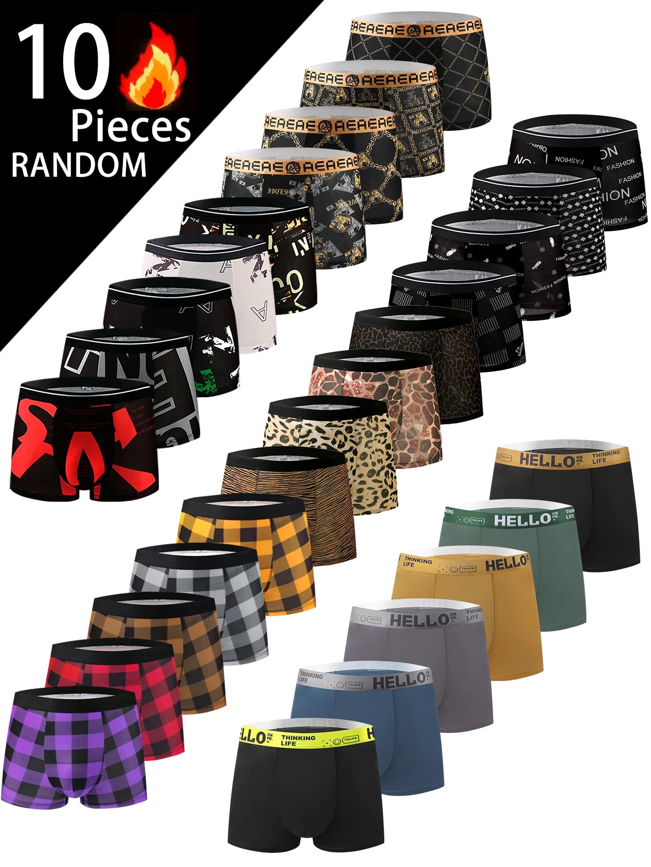 10pcs package Random trendy pattern men's underwear - Comfortable, stretch boxer panties, suitable for casual sports - Soft