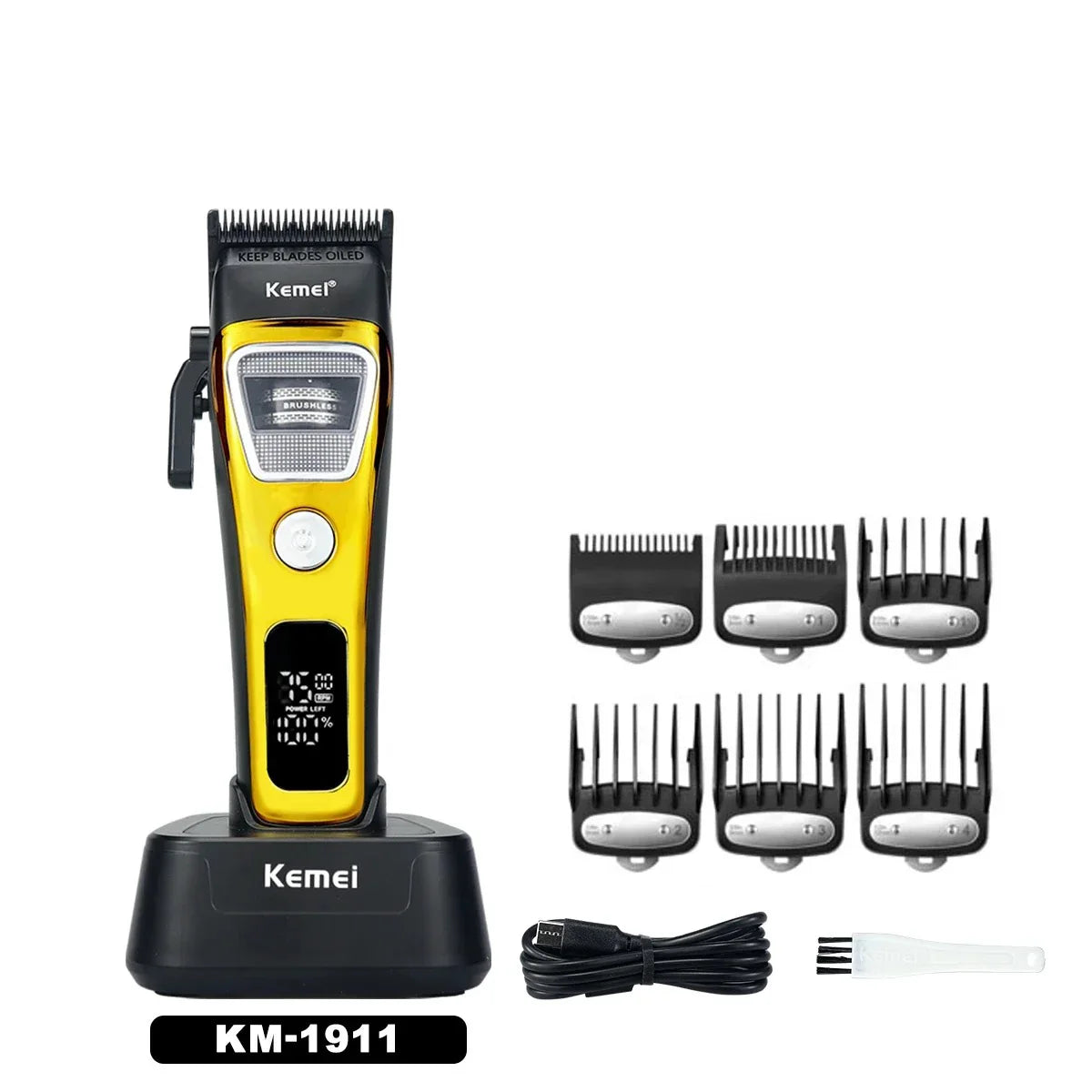 Kemei KM-1911 Professional Hair Clipper for Men DLC Blade External Rotor Brushless Motor with Base Charger LED Display Haircut