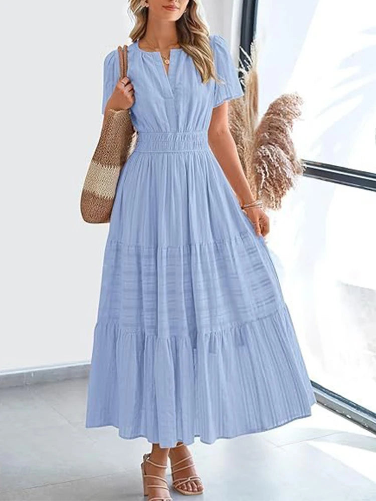 2025 Spring and Summer Cross border European and American Fashion Women's V-neck Folded Bubble Sleeve Layered Big Swing Dress