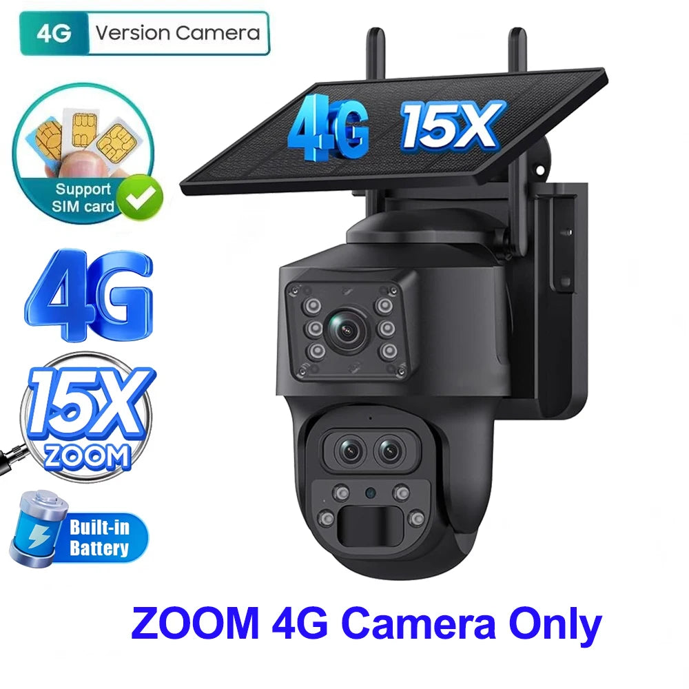 SHIWOJIA 15X ZOOM Solar Camera 4G 12MP Three Lens 360° View 5W Solar Panel Security Outdoor PTZ IP Camera 7800mAh Battery UBOX