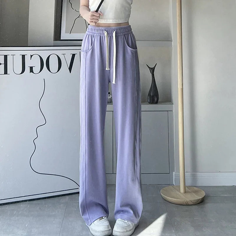 Lady Casual Daily High Waisted Sweatpants Women Drawstring Straight Leg Pants Girls Korean Slim Fit Thin Trousers