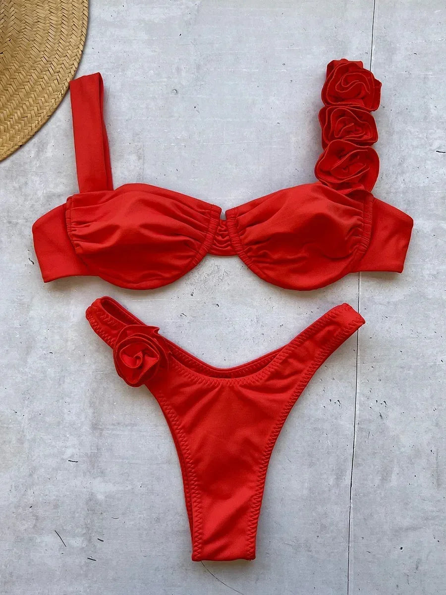 Sexy 3D Flowers Underwired Brazilian Bikini Women Swimwear Female Swimsuit Two-pieces Bikini Set Triangle Bathing Suit Swim Lady