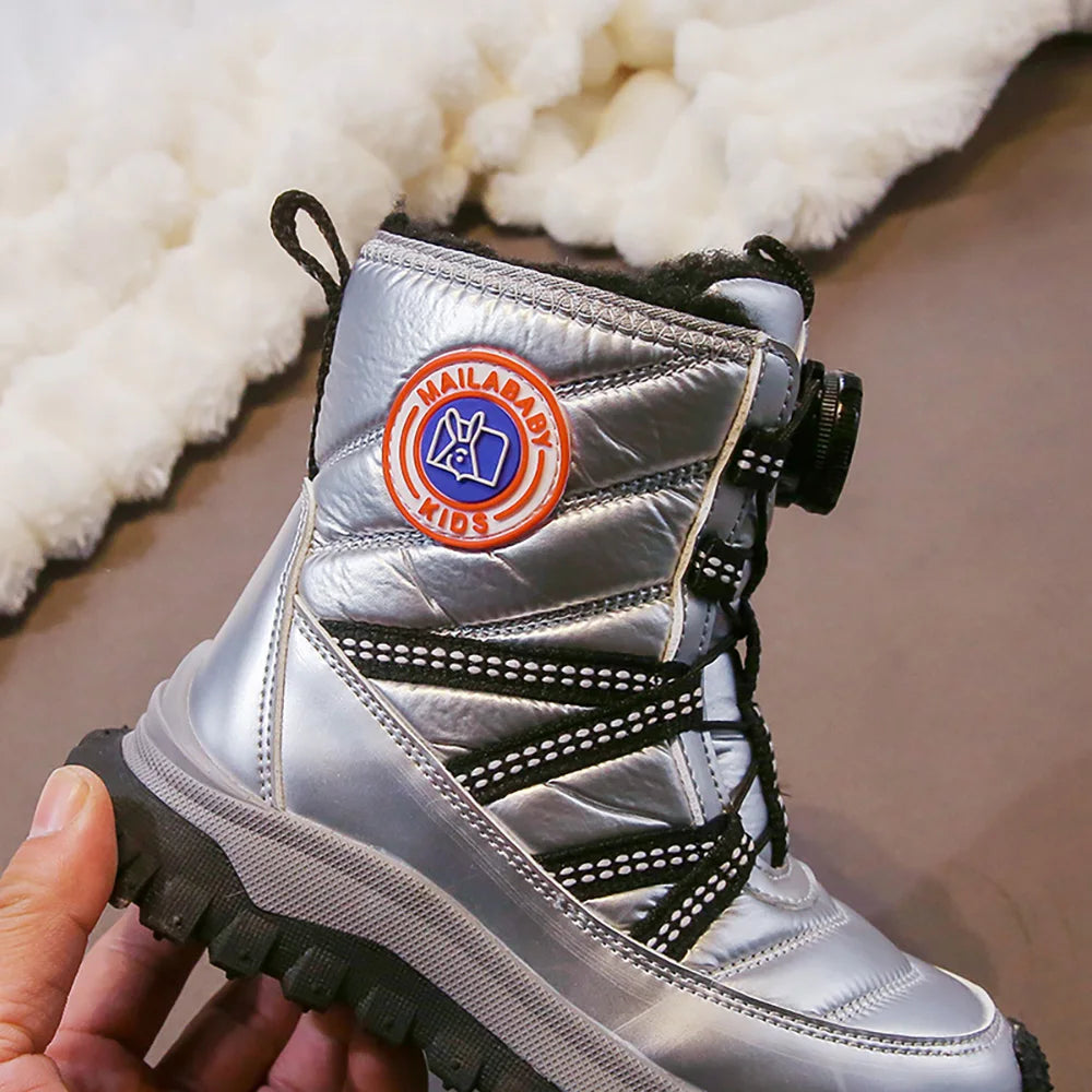 Winter Plush Boots For Children PU Leather Waterproof Teenager Kid's Snow Boots Outdoor Hiking Boy's Girl's Padded Cotton Shoes