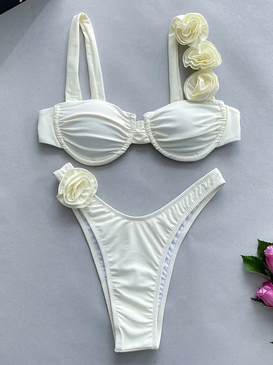 Sexy 3D Flowers Underwired Brazilian Bikini Women Swimwear Female Swimsuit Two-pieces Bikini Set Triangle Bathing Suit Swim Lady