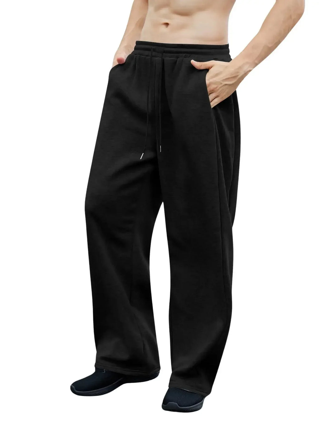 2025 New European and American Men's Sports Pants with Drawstring Waist, Wide Legs, Loose Pants with Pockets