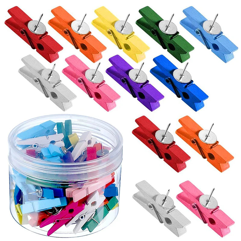 50Pcs/20PCS Wooden Clips Push Pins Tacks Decorative Photo Clips Supplies Office School Stationery Binder