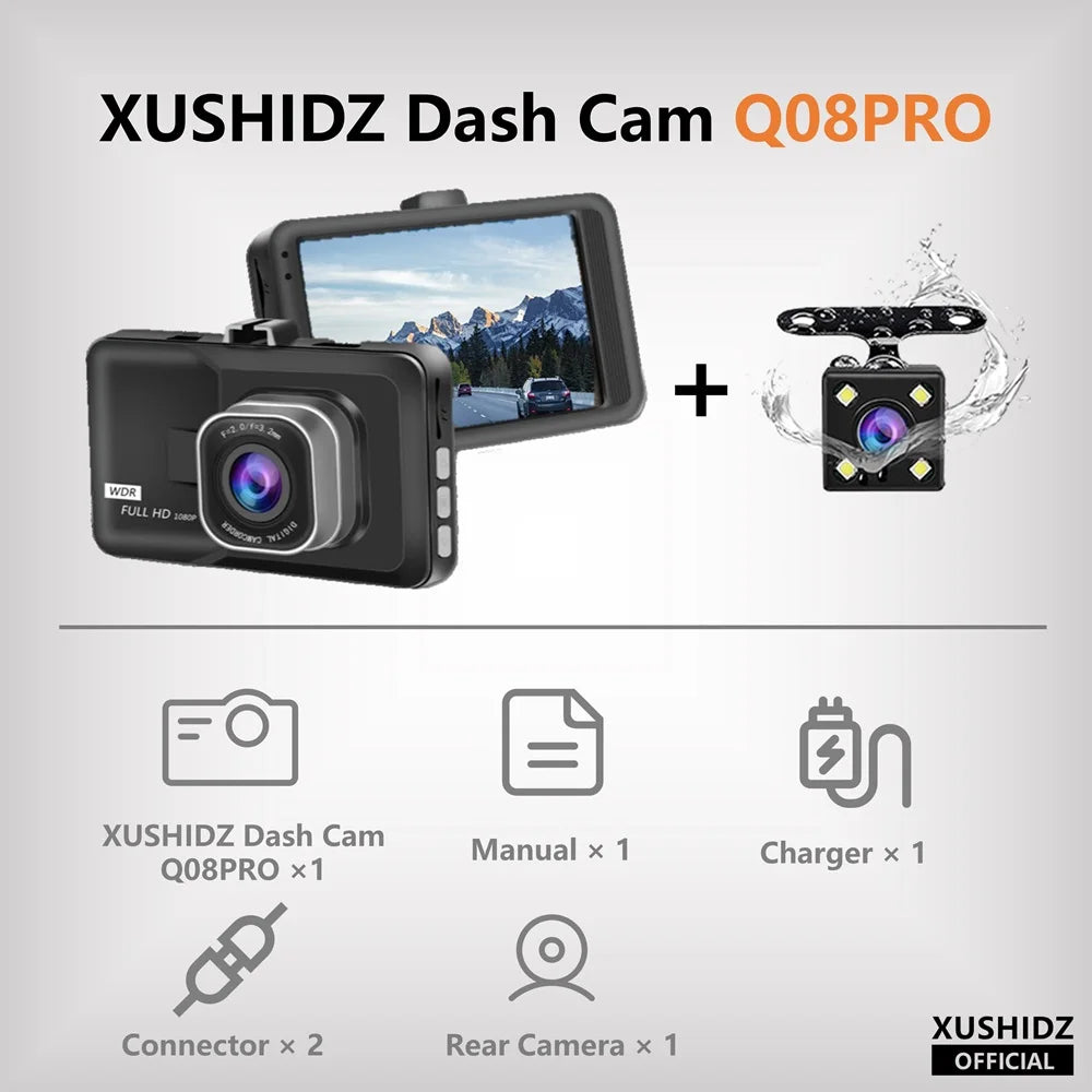XUSHIDZ Q08 1080P Dash Camera with G-sensor Dashcam Vehicle Video Recorder Super Night Vision DVR Car Camera Loop Recording
