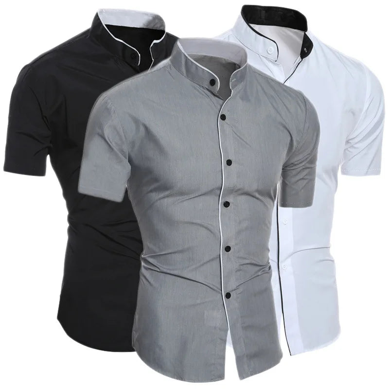 Summer men's stand collar solid color block short sleeve shirt casual fashion single breasted men's contrast shirt