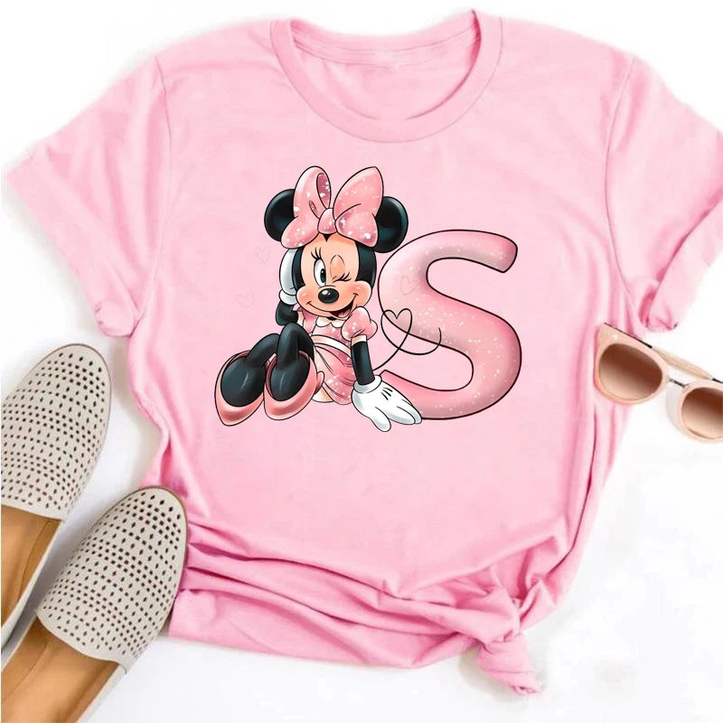 Disney Cartoon Minnie Mouse Letter A B C D E F Print Women Summer T Shirt Harajuku Casual Short Sleeves Pink Female Tshirts