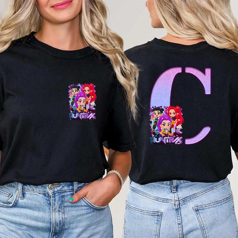 Fashion A-Z 26 Letter T-Shirts Kpop Demon Hunters Graphic Aesthetic Clothing Women T-Shirt Harajuku Female Clothing Y2k Tops