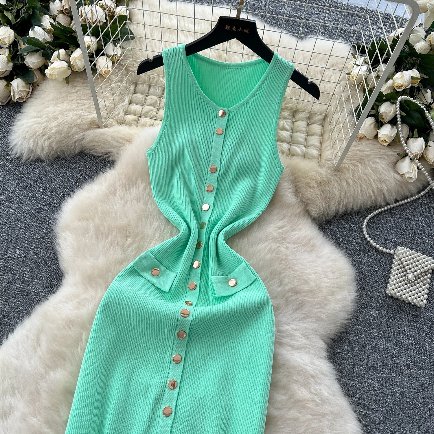 2025 New Women Chic Fashion With Golden Buttons Knitted Midi Dress O Neck Sleeveless Female Dresses Vestidos Mujer
