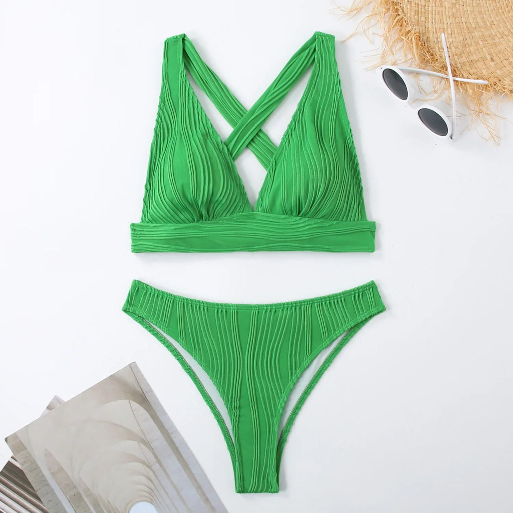 2025 Wrinkled Crinkled Bikini Women Swimwear Female Swimsuit Two-pieces Bikini Set High Cut Bathing Suit Swim Beach Wear Lady