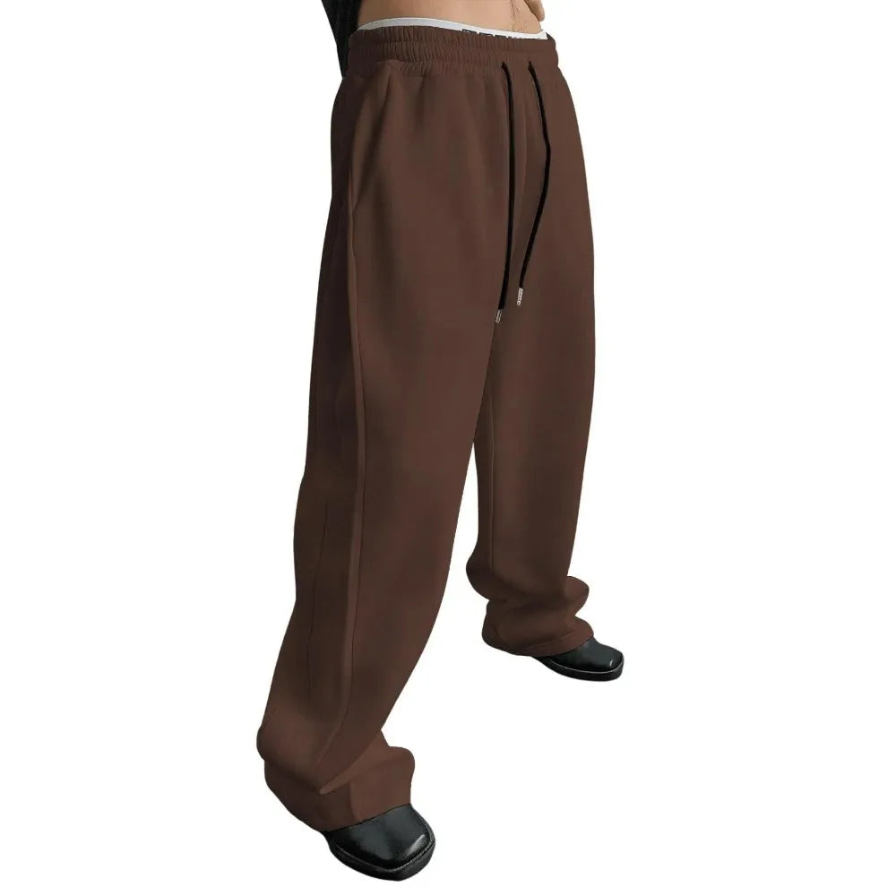 2025 New European and American Men's Sports Pants with Drawstring Waist, Wide Legs, Loose Pants with Pockets