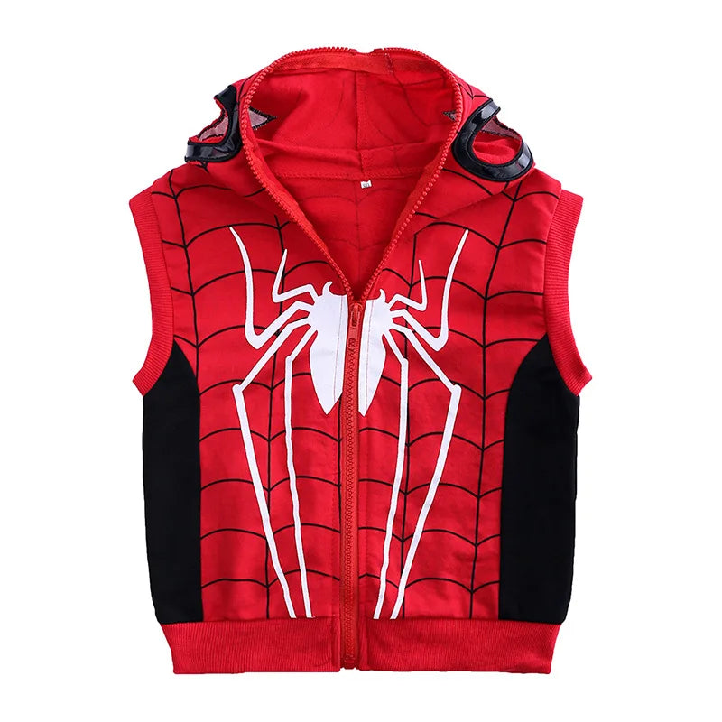 3pcs Cartoon Print Spiderman Cosplay Costume Autumn Kids Boys Sleeveless Hooded Vest +T Shirt+Pant Tracksuit Children Outfits