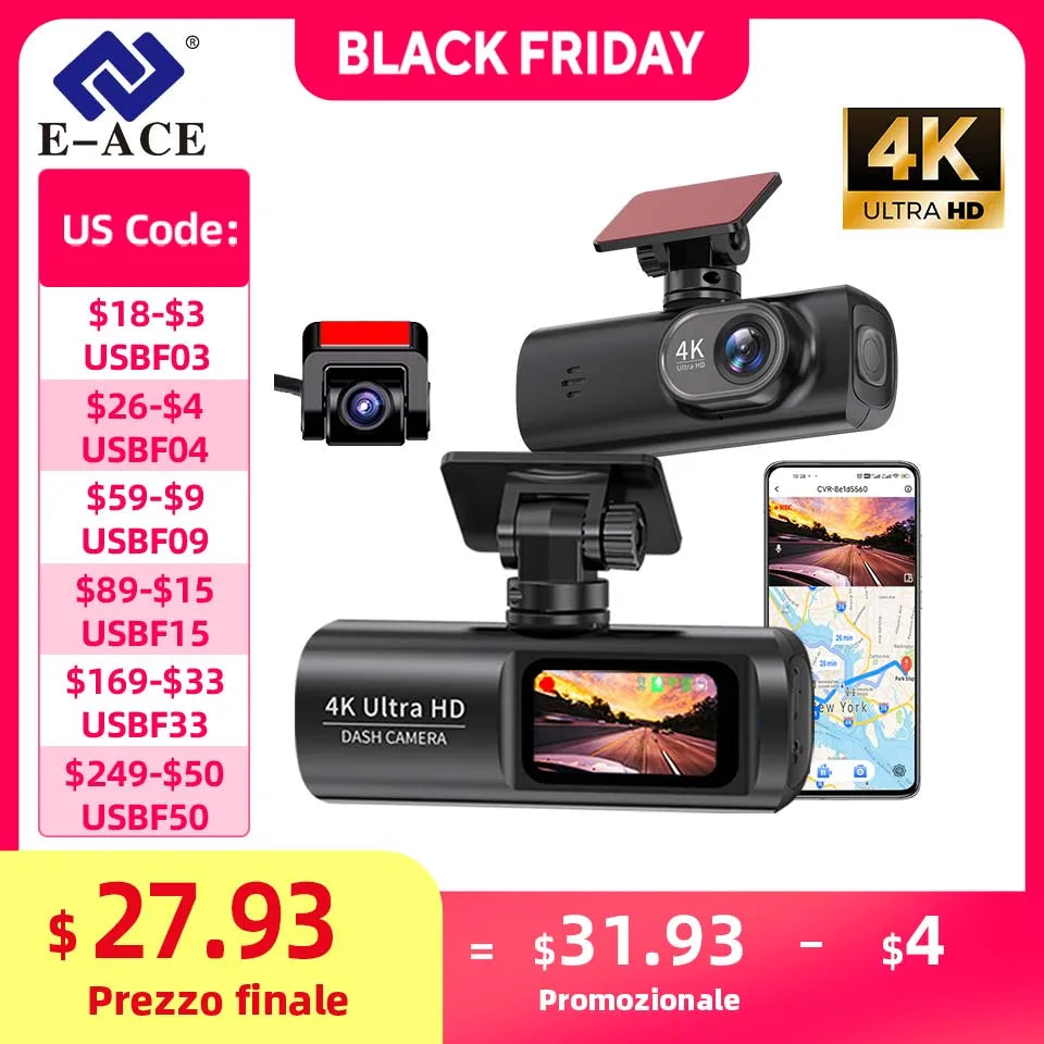 E-ACE Dash Cam 4K Car Video Recorder 170 ° Super Large Angle WIFI GPS 24H Parking Monitoring Car DVR 1080P Rear Camera Black Box