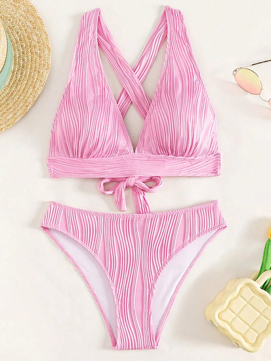 2025 Wrinkled Crinkled Bikini Women Swimwear Female Swimsuit Two-pieces Bikini Set High Cut Bathing Suit Swim Beach Wear Lady