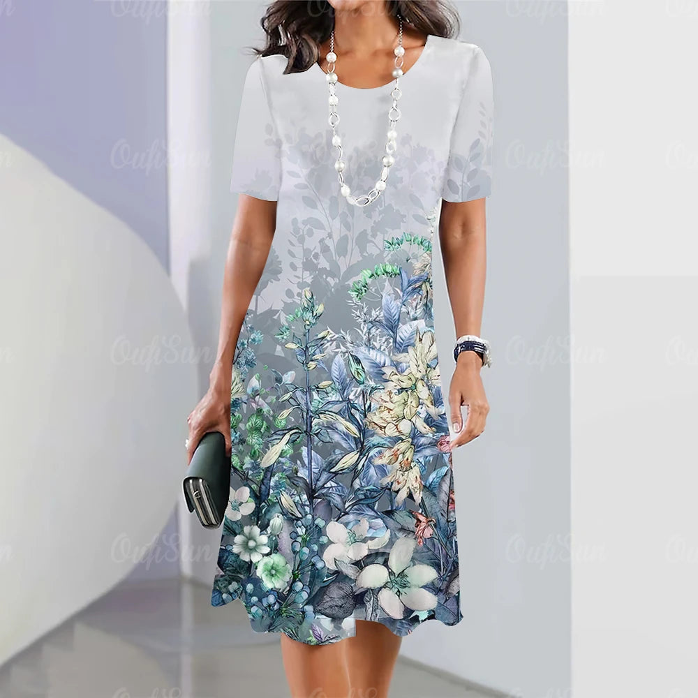 Summer Women'S Dresses 3d Art Flowers Printed Short Sleeve Clothing Elegant Loose A-Line Skirt Fashion Lady Large Size Dress