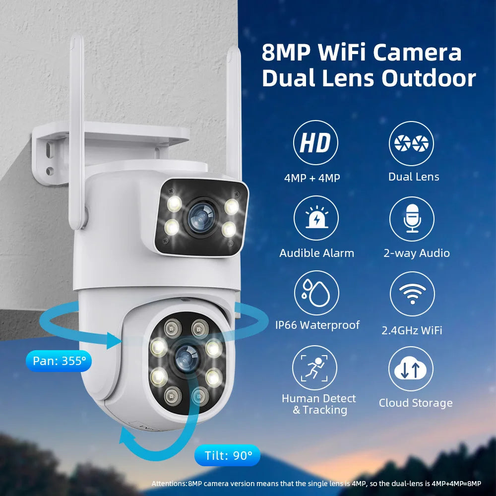 4K 8MP HD Wifi PTZ Camera Outdoor 6MP Dual Lens Dual Screen AI Auto Tracking IP Camera CCTV Audio Video Surveillance P2P iCSee