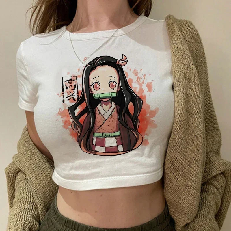90s Manga Kimetsu No Yaiba Crop Top Demon Slayer T Shirt Women Y2k Nezuko Japanese Anime Tshirt Tanjirou Kamado Cropped Female