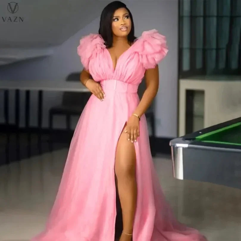 Customized Puff Mesh Short Sleeves Women Party Dress Plus Size 5XL Side Split Deep V Neck Sexy Club Dresses 2025 Charming Birthd