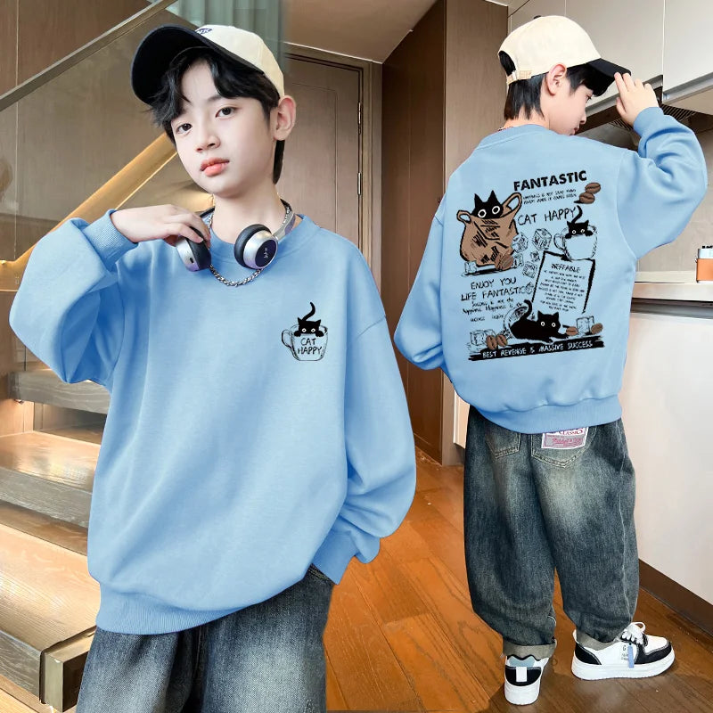 New Boys Girls Sweatshirt Pullover Autumn Korean Version Cartoon Cat Group Printed Long Sleeves T-Shirt Tops Casual Kids Clothes