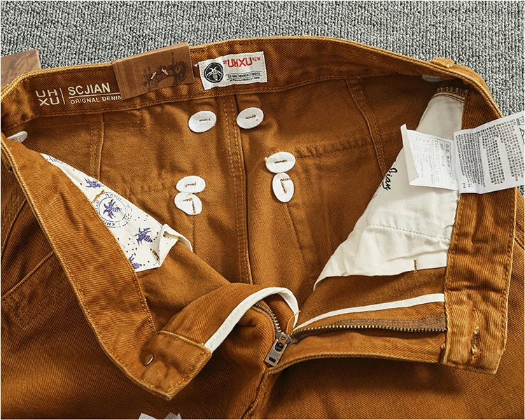 Retro heavy simple cargo pants men's loose straight leg casual pants pure cotton twill woven 3D vertical cut cone pants