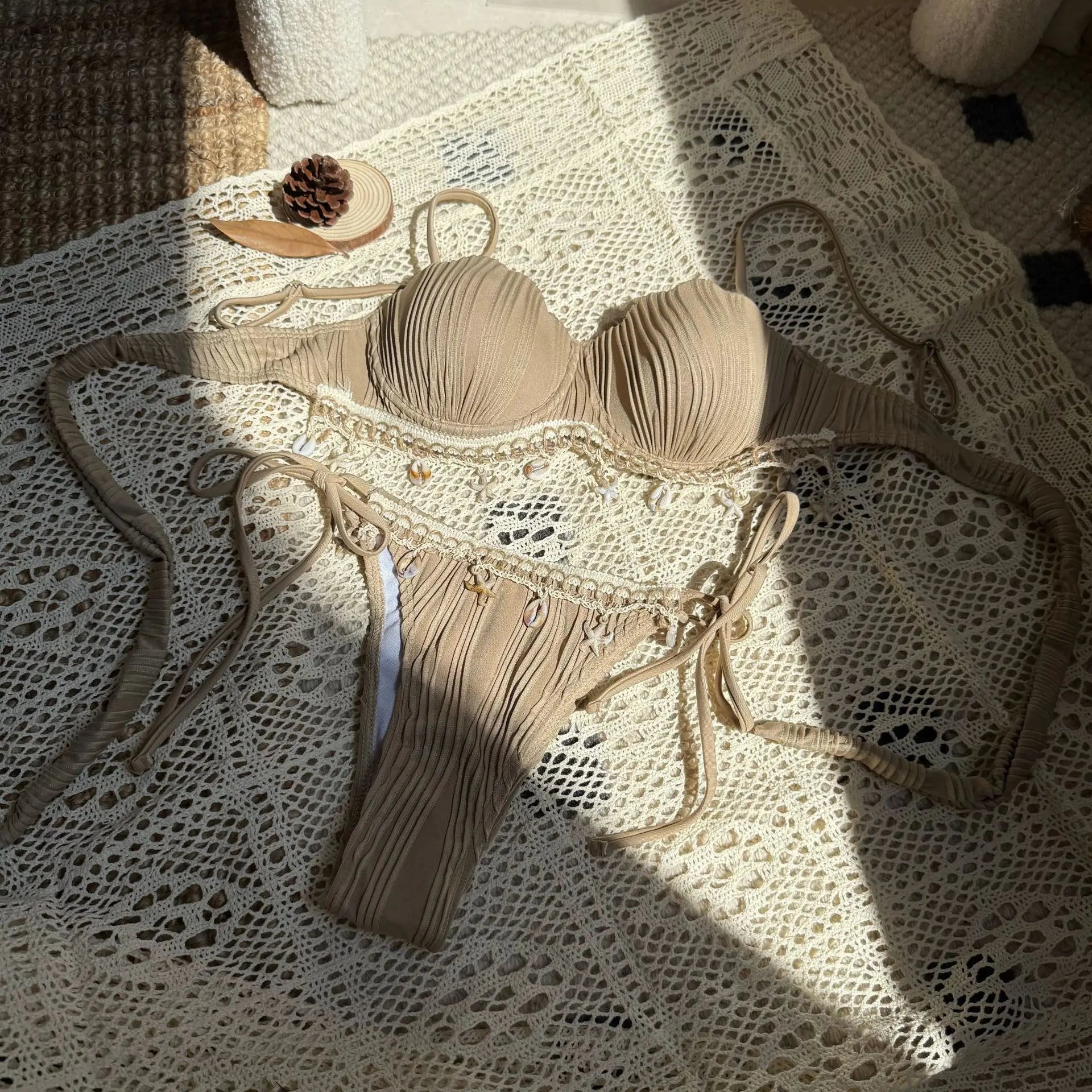 Shell Scalloped Wrinkled Underwired Bra Cup Bikini Female Swimsuit Women Swimwear Two-pieces Bikini Set Push Up Bathing Suit