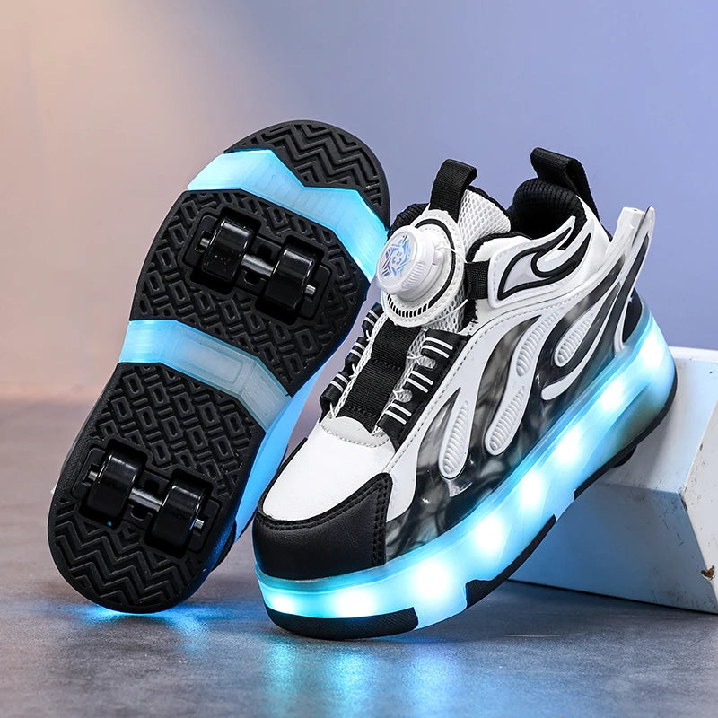 2025 New children's four-wheel novice light up rotary button automatic shrinkage fast walking shoes for boys sneakers