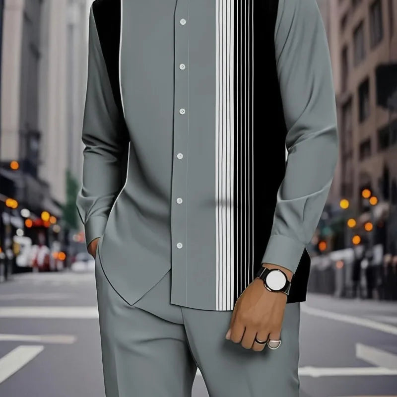 Men's Formal 2Pc Matching Suit Autumn New Long Sleeve Shirt Pants Fashion Business Casual Trendy Tailored Comfortable Outfit