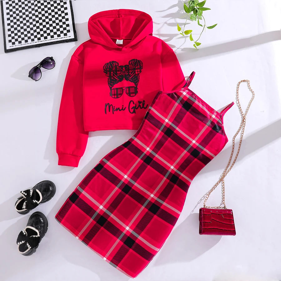 Girls Spring Autumn Fashion Set Red Cartoon Printed Hoodie And Red Plaid Halter Dress Outfit for Kids
