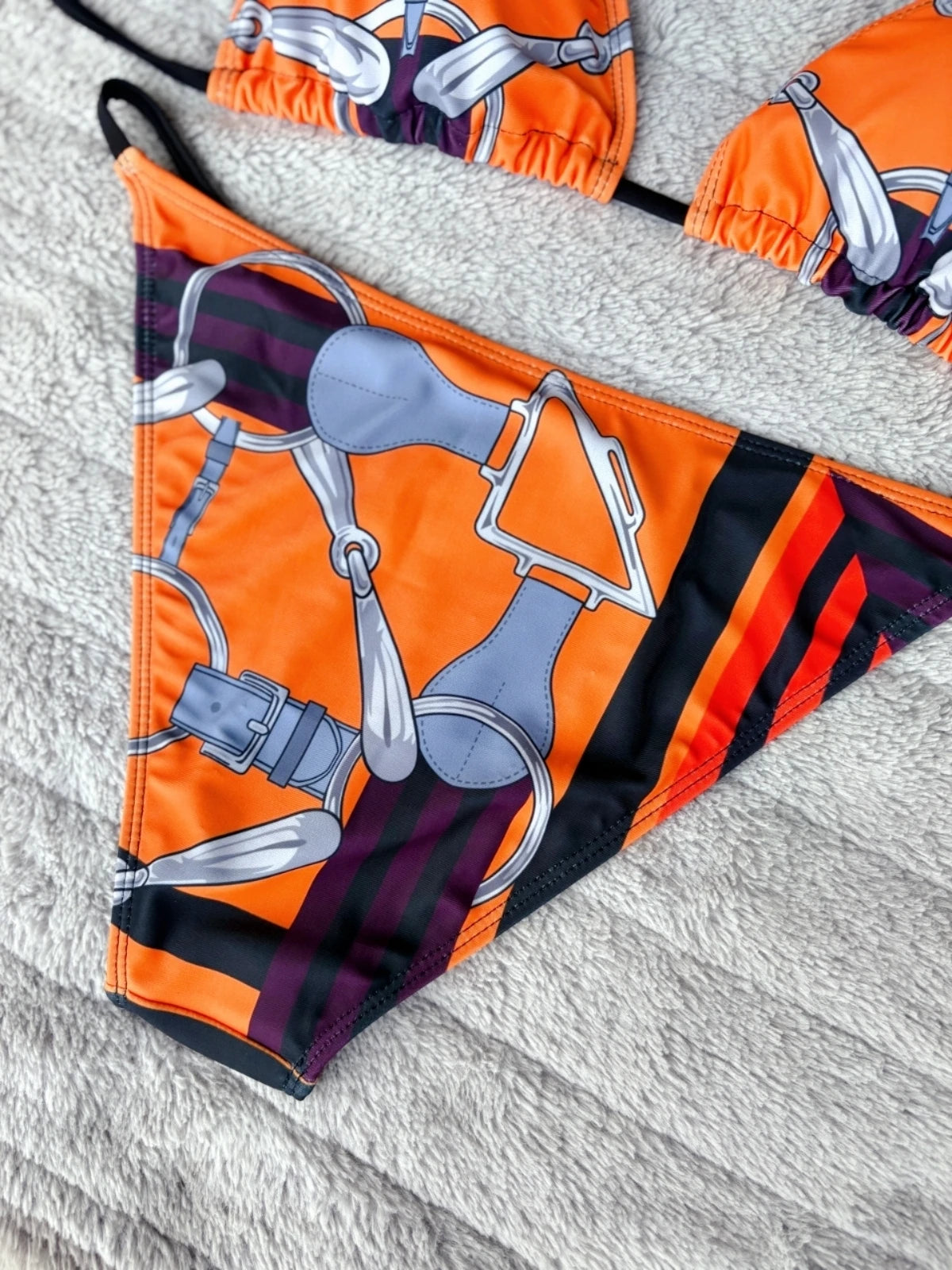 Luxury Sexy Orange Geometry Print Bikini 2 pieces Set Women Halter Elastic Thong Swimsuit Beach Bathing Suit Holiday Beachwear