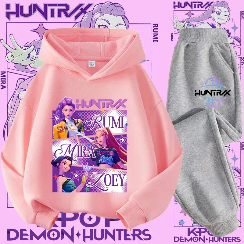 K-pop Demon Hunter New Children's Hoodie Set - Cute Girls' Casual Top for Kids,Boys' Sports Shirt with Cartoon Print-2-Piece Set