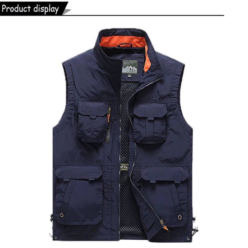 2024 Men Spring Summer Many Pocket Casual Stand Collar Vest Men Sleeveless Solid Color Outdoors Fashion Style Vest Male Coat 6XL