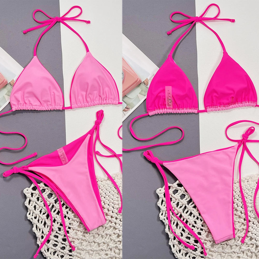 Una-Shop Neck Hanging Bikinis Sets With Adjustable Straps Swimsuit For Women Summer Beach Swimming Pool Party Bikini Swimwear