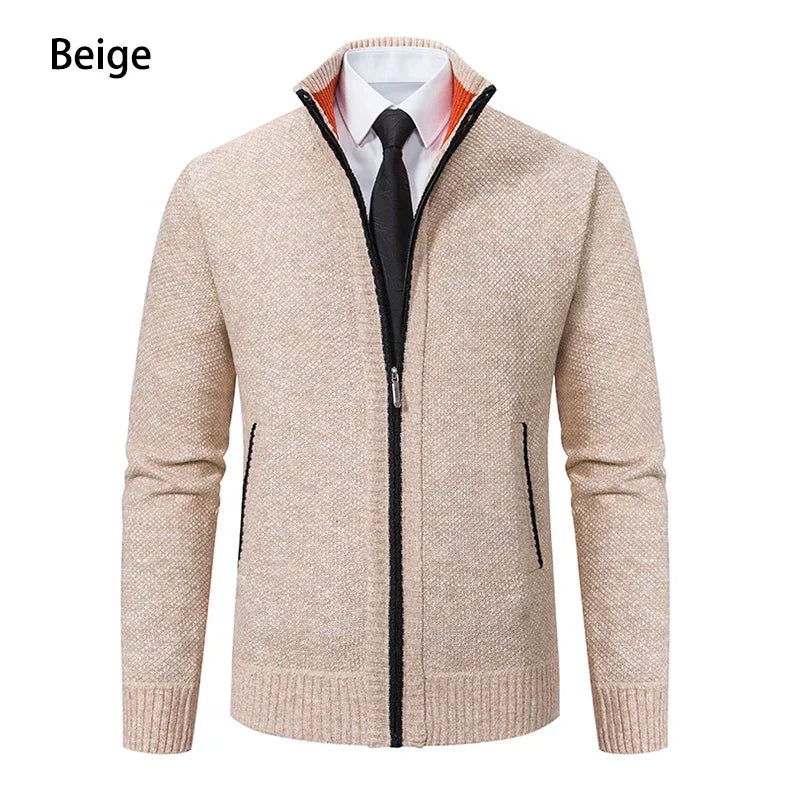 2025 Autumn and Winter New Jersey Men's Casual Sports Coat Solid Color Stand Collar Sweater Grab Fleece Warm Zipper Cardigan