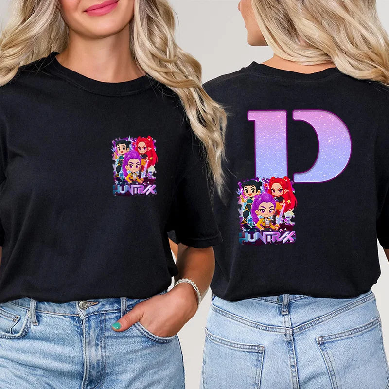 Fashion A-Z 26 Letter T-Shirts Kpop Demon Hunters Graphic Aesthetic Clothing Women T-Shirt Harajuku Female Clothing Y2k Tops