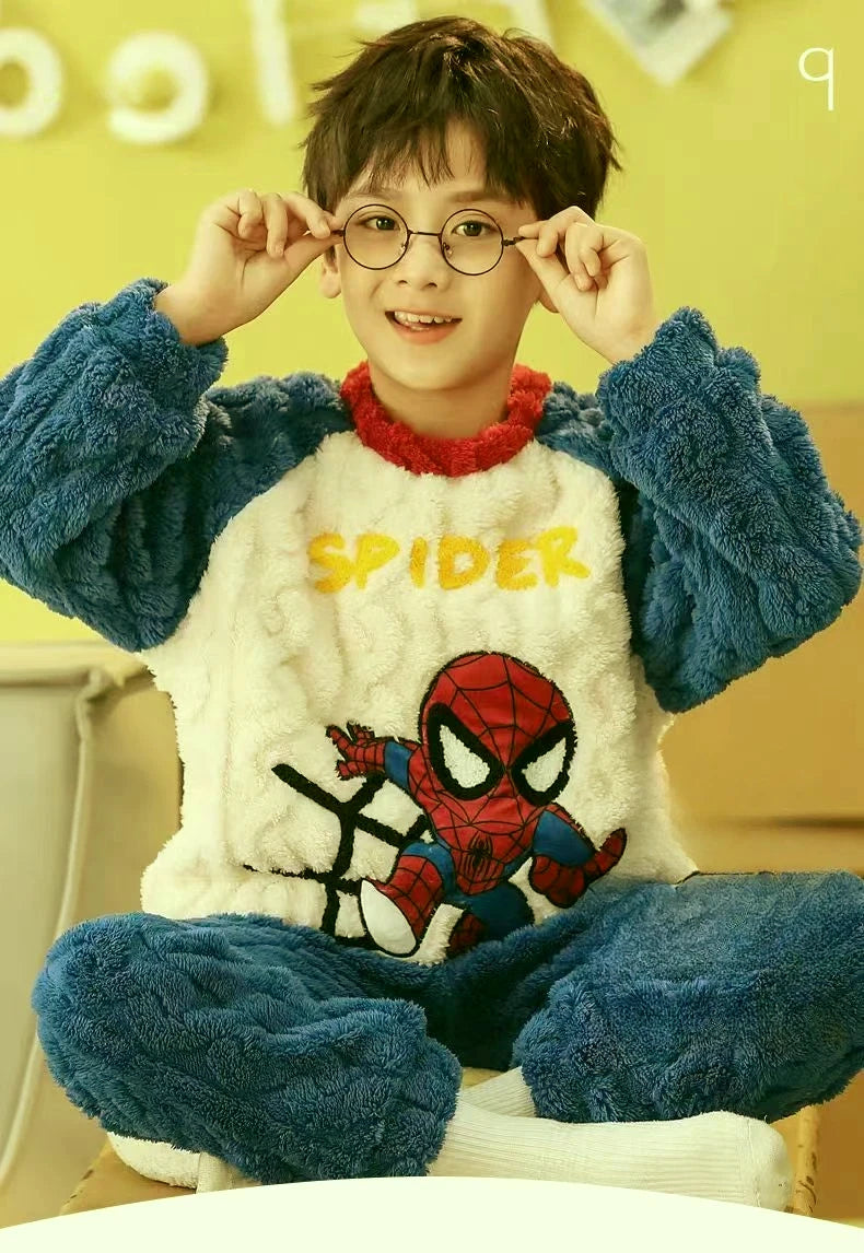 Winter Marvel Children Clothing Boys Sleepwear Set Flannel Thick Long Sleeve Warm Set Pajamas Two Pieces Kids Clothes Spiderman