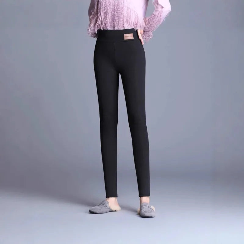 Fleece Lined Thermal Leggings Women Winter Leather Label Tights High Stretch Warm Fleece Lined Pants Outdoor Wear Cold Weather