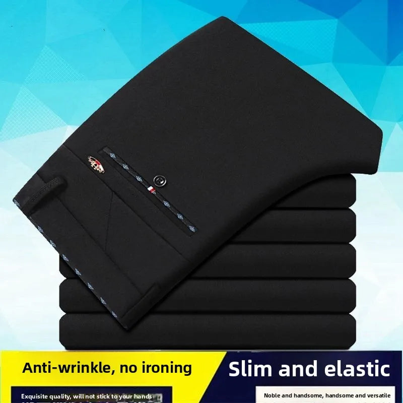 Elastic Waist Dress Pants Men, Professional Office Trousers Wrinkle Resistant, Spring Autumn Slim Fit Thin Business Chino Pants