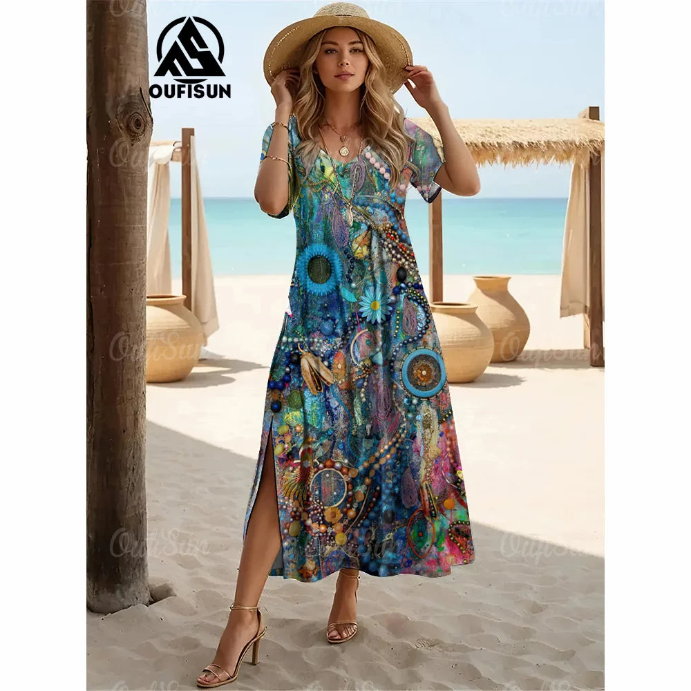 Elegant Womens Dresses Summer V-Neck Women's Clothing Vintage Woman Long Dress Fashions Evening Dress Loose Oversize Pullover