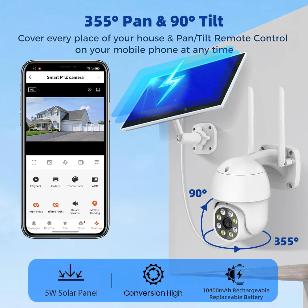 Tuya Smart Life APP 3MP WiFi Battery Solar Motion Tracking Site Patrol PIR Surveillance Security Outdoor PTZ Color Light Camera