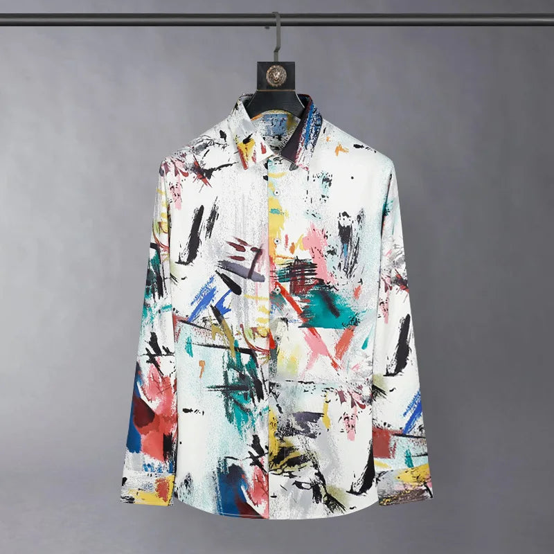2025 Silk Shirt Men Fashion Graffiti Print Long Sleeve Casual Shirts Slim Social Streetwear Non Ironing Nightclub Stage Shirt