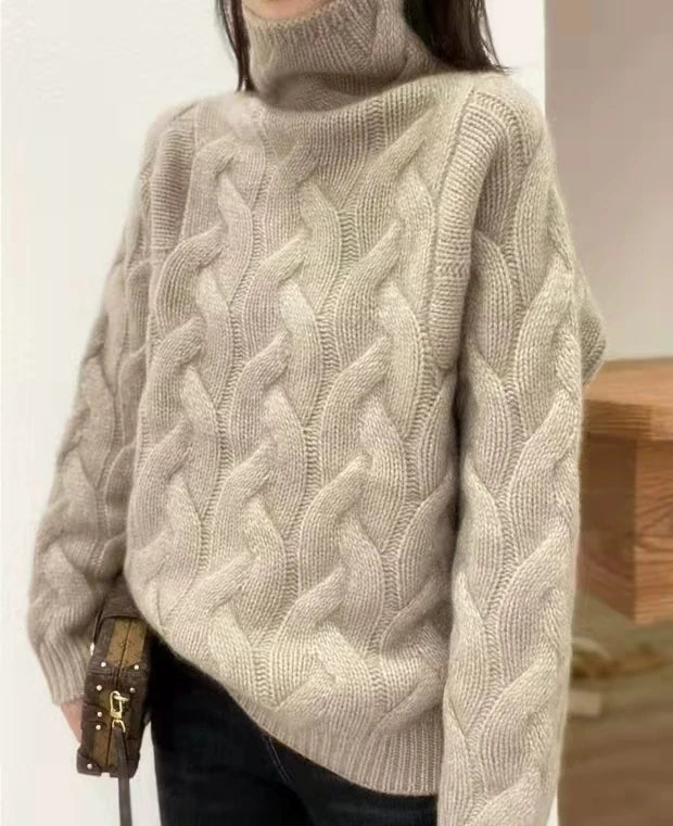 100% pure cashmere sweater women's autumn and winter high-necked loose twisted thick lazy wind bottoming plus size sweater