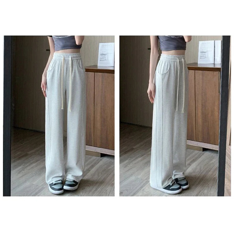 Lady Casual Daily High Waisted Sweatpants Women Drawstring Straight Leg Pants Girls Korean Slim Fit Thin Trousers