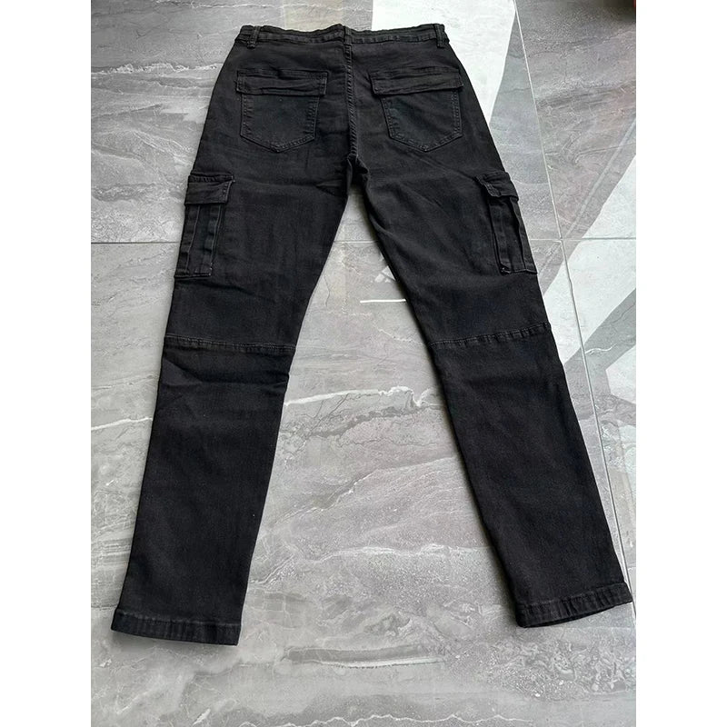 Men's Fahsion Elastic Skinny Cargo Pants Jeans Men Solid Color Multi Pockets Casual Slim Fit  Male Denim Trousers mens clothing