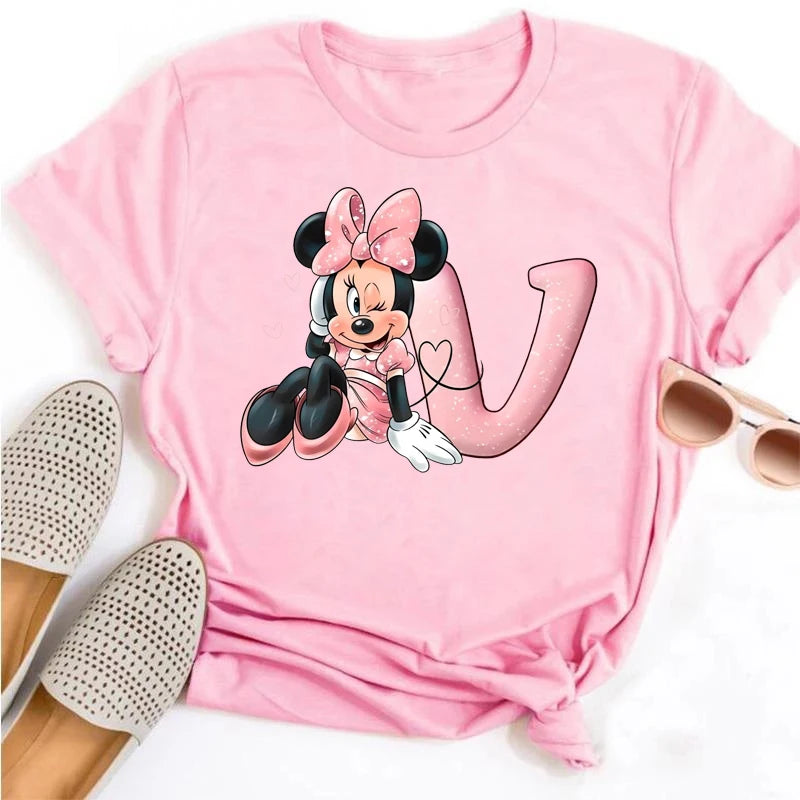 Disney Cartoon Minnie Mouse Letter A B C D E F Print Women Summer T Shirt Harajuku Casual Short Sleeves Pink Female Tshirts