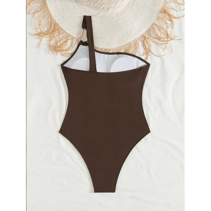 Sexy Women One Piece Swimsuit Female Swimwear 2025 Oval One Shoulder Monokini Swimming Suit Beachwear Bathing Suit Biquini Brown