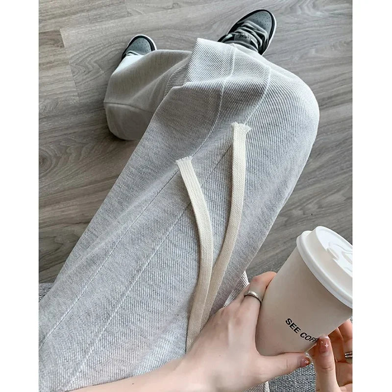 Lady Casual Daily High Waisted Sweatpants Women Drawstring Straight Leg Pants Girls Korean Slim Fit Thin Trousers