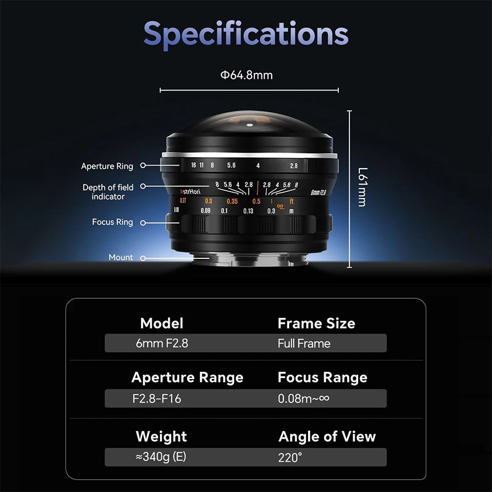 AstrHori 6mm F2.8 Full Frame Circular Fisheye Lens Manual Focus Ultra-wide Angle Camera Lens for SONY E NIKON Z CANON RF L Mount