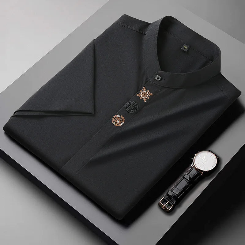 Upto 10XL Size Short Sleeve Embroidered Shirt Men's Casual Loose Oversized Black and White Short Sleeve Shirt Summer